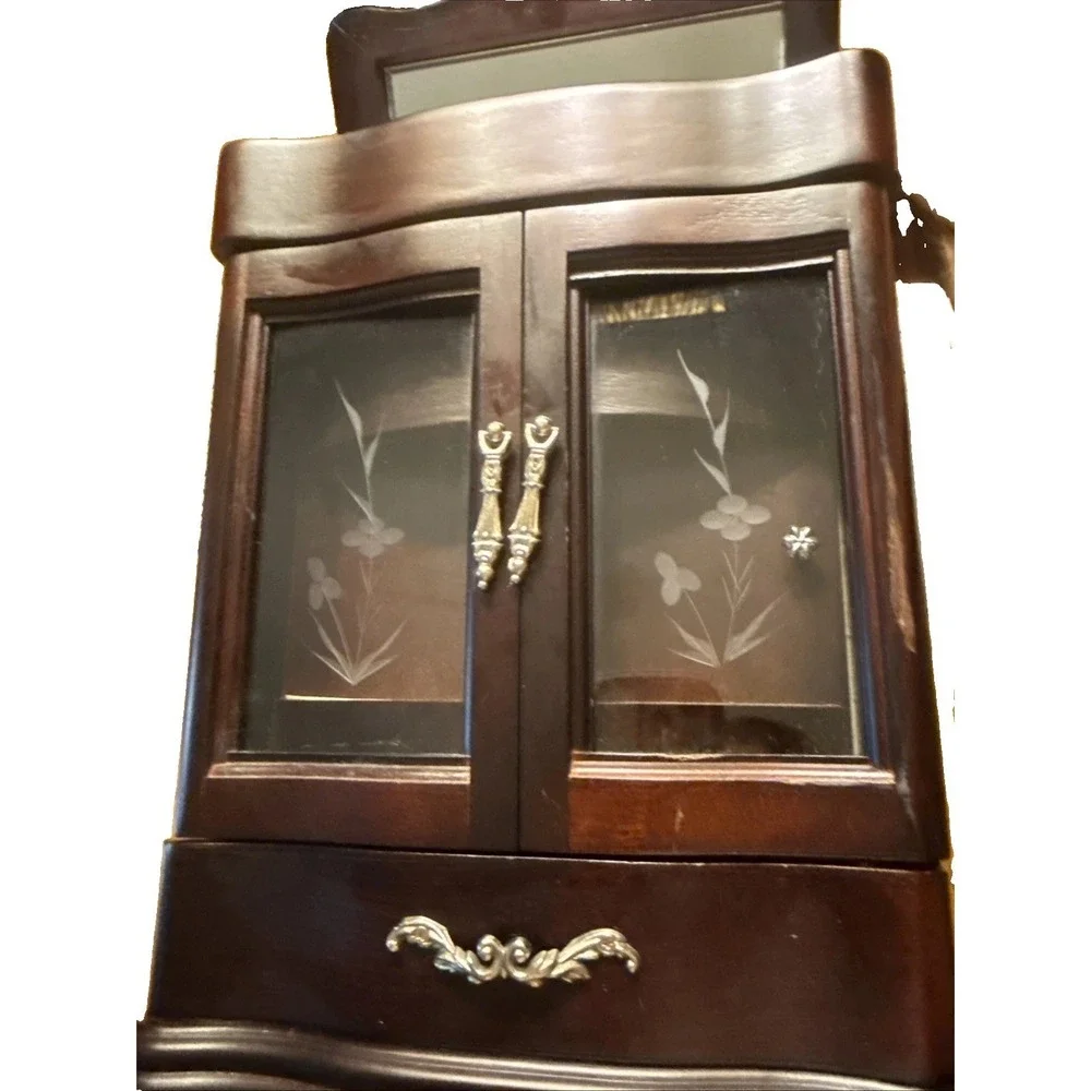 Vintage CherryWood Jewelry Box Armoire Etched Flower Glass Doors Carousel Mirror